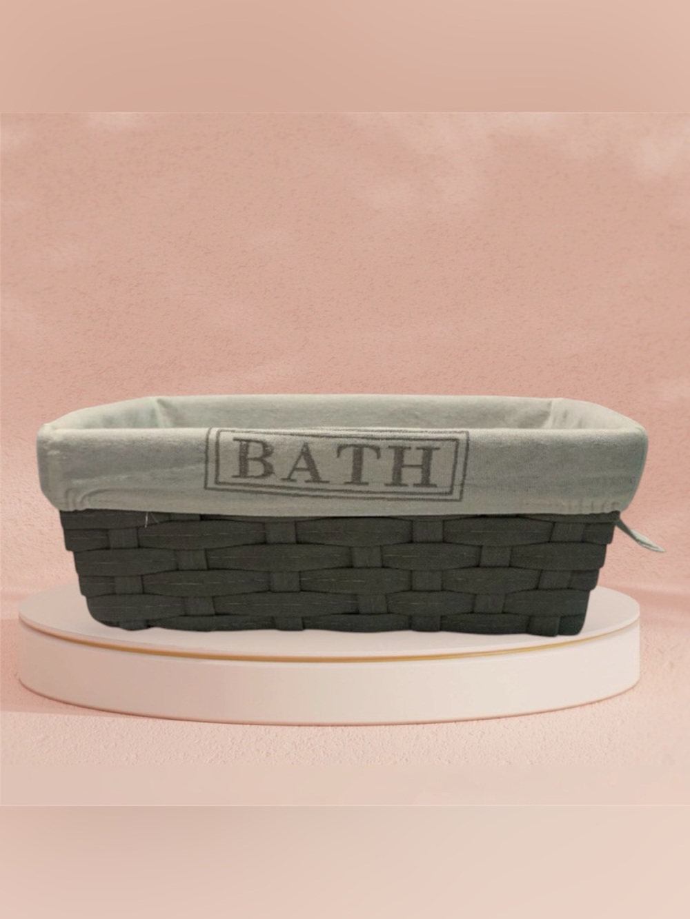 Gray Woven Strap Storage Basket with Embroidered "BATH" Fabric Liner